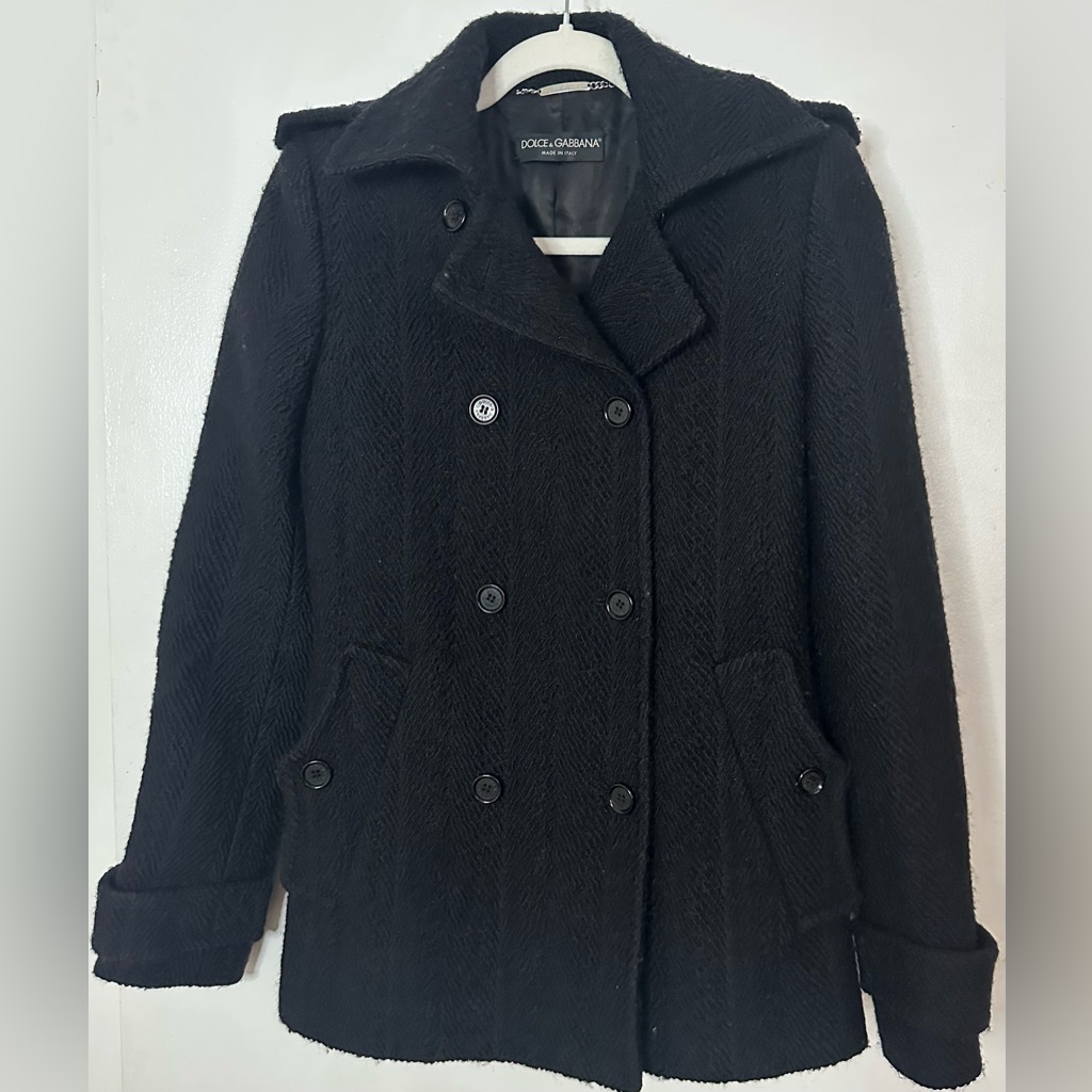 Dolce & Gabbana Black Textured Boucl Peacoat Made In Italy Small
